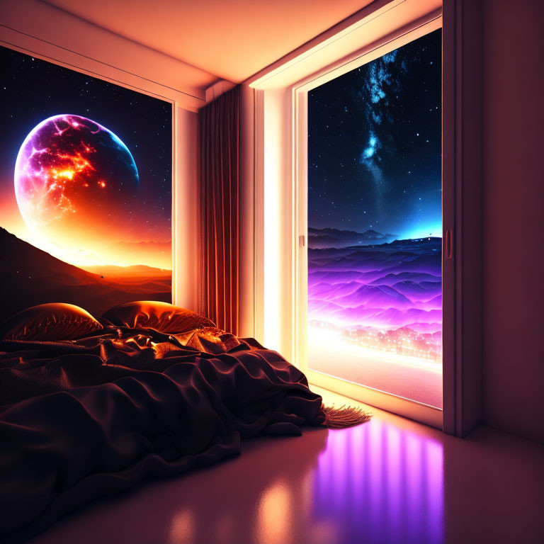 Surreal bedroom view with oversized moon, starry sky, and vibrant purple landscape