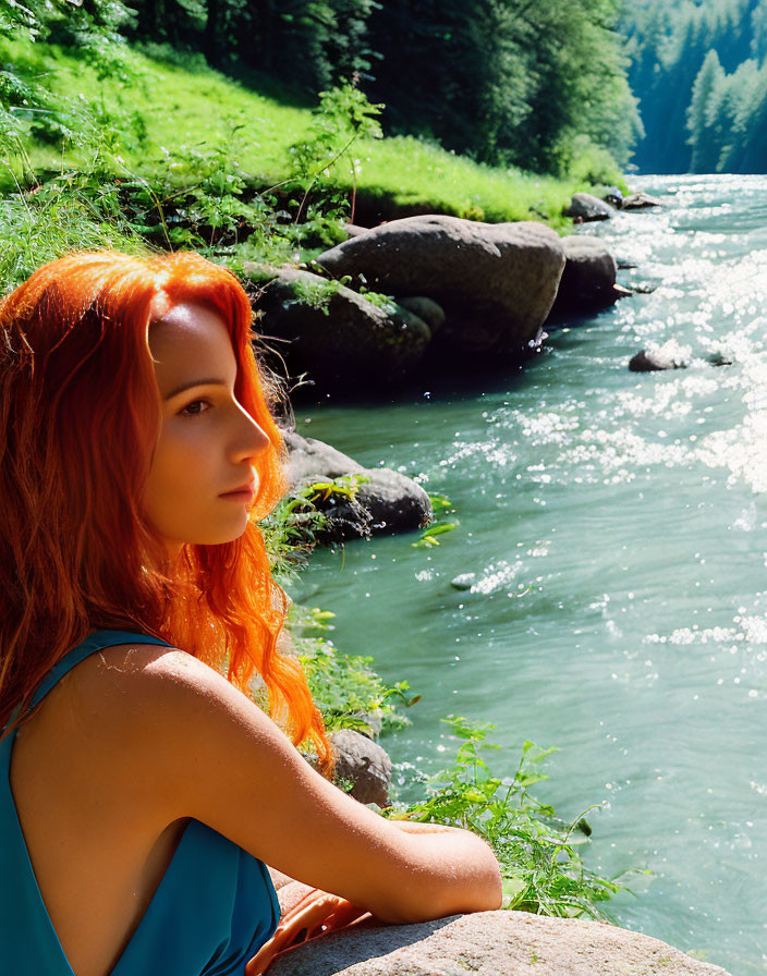 Red-haired woman sitting by lush riverside with sunlight filtering through trees