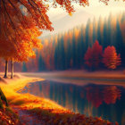 Tranquil autumn landscape with vibrant leaves by calm lake