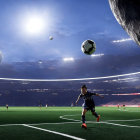 Soccer player kicks ball under futuristic sky