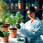 Female Scientist Examines Potted Plant in Greenhouse