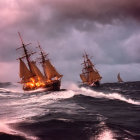 Tall ships with illuminated sails on stormy seas at dusk