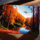 Autumnal forest canvas print with vibrant orange leaves on wooden surface