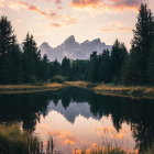 Mountain Range Reflected in Forest Lake at Twilight