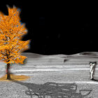 Astronaut on barren moon-like surface with lone yellow tree and Earth in the distance