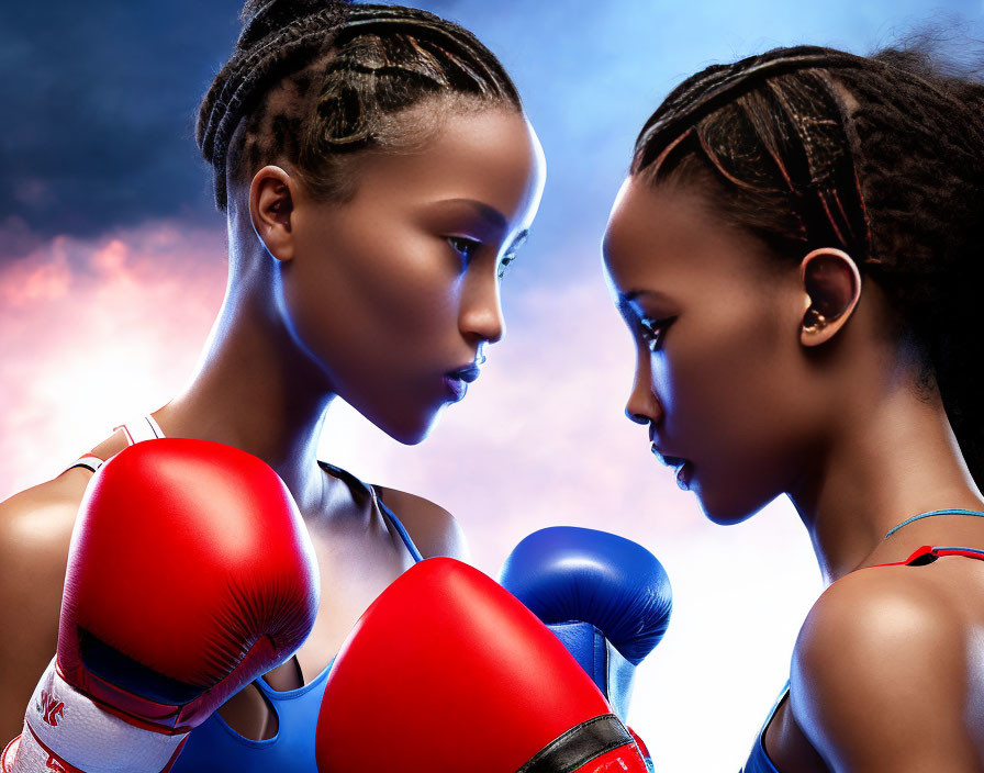 Female Boxers in Red Gloves with Intense Expressions on Blue and Red Background