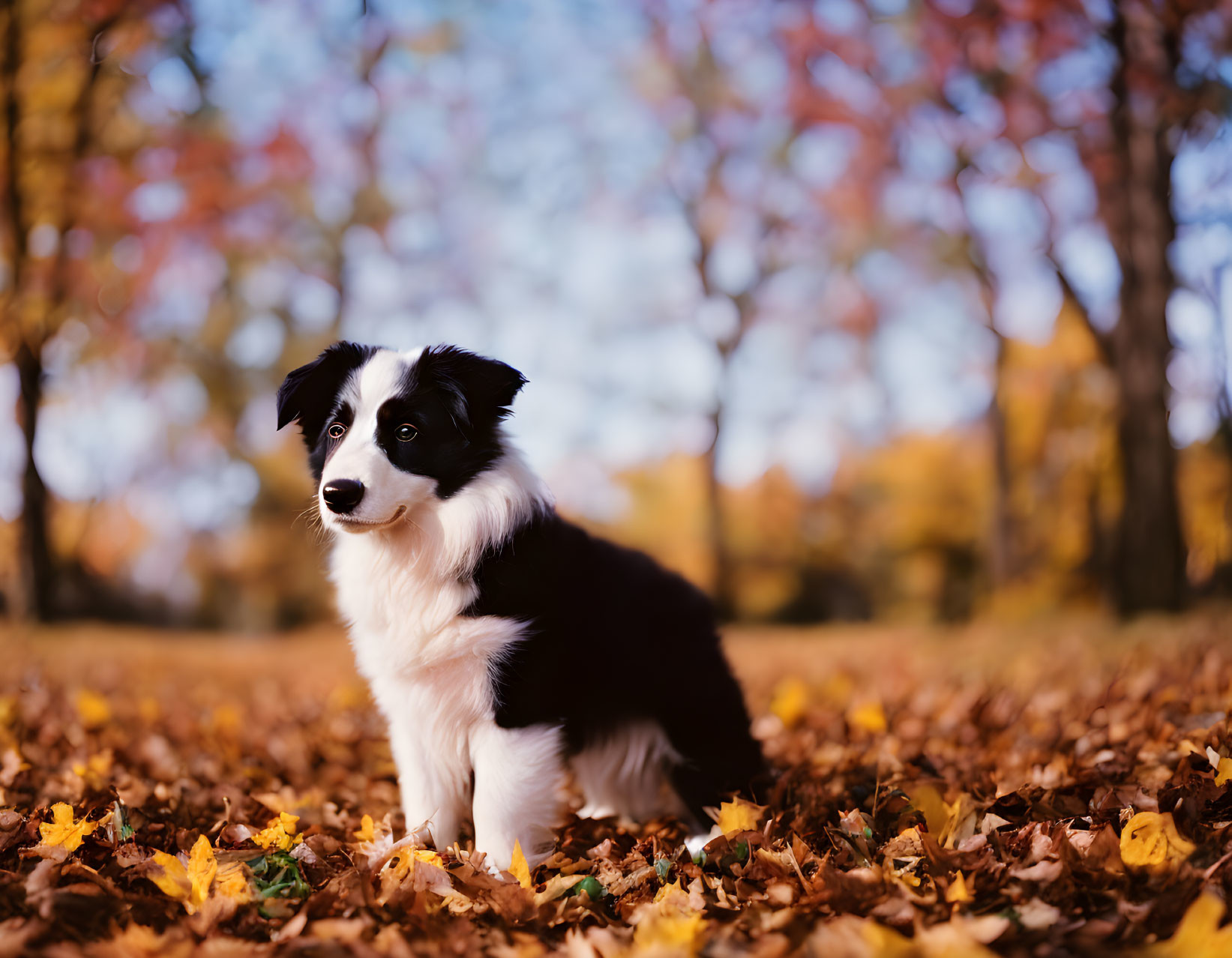 Black and white Border Collie on autumn leaves with colorful trees