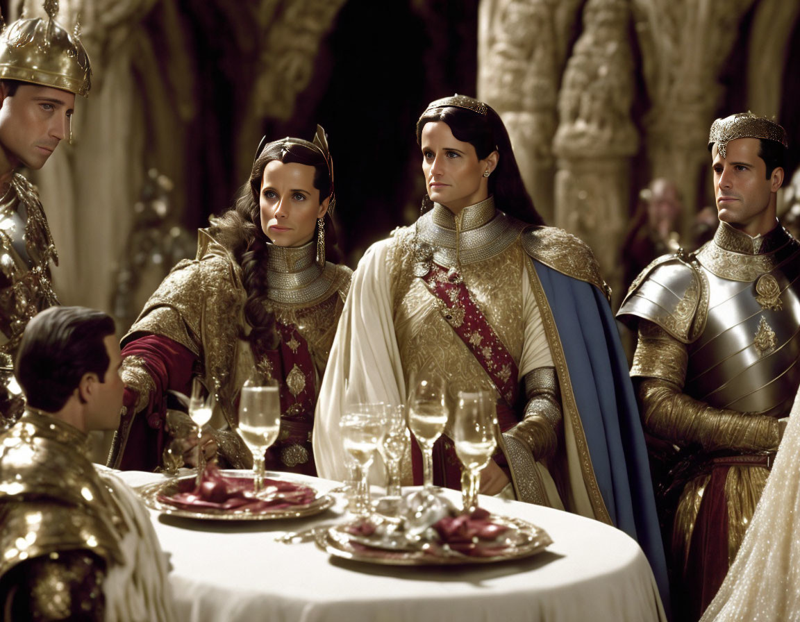 Medieval group in regal attire at ornate banquet table