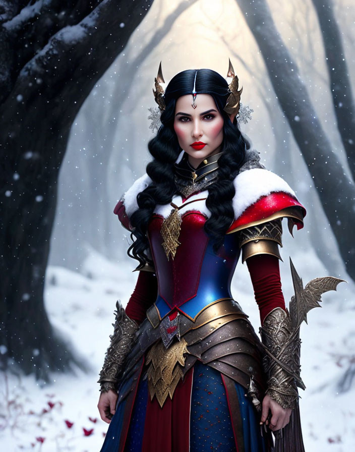 Female elf in ornate armor in snowy forest