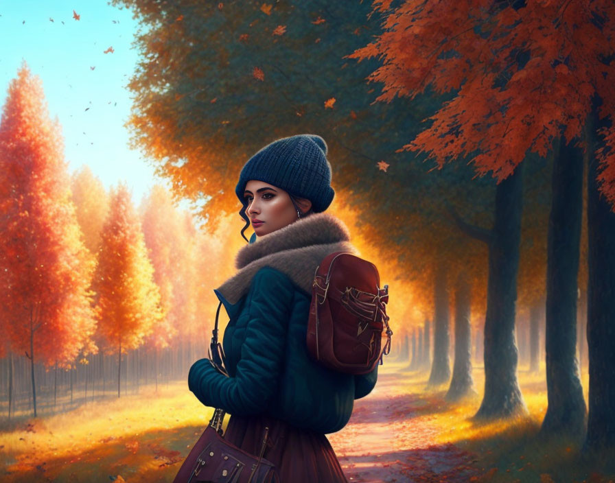 Person in Winter Attire in Vibrant Autumn Forest