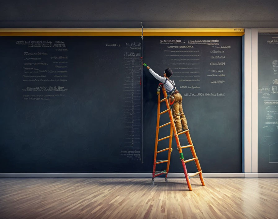 Person on ladder writing on massive chalkboard in well-lit room