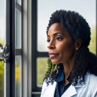 Woman in white lab coat using ophthalmoscope by window