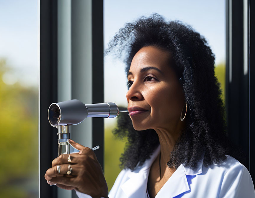 Woman in white lab coat using ophthalmoscope by window