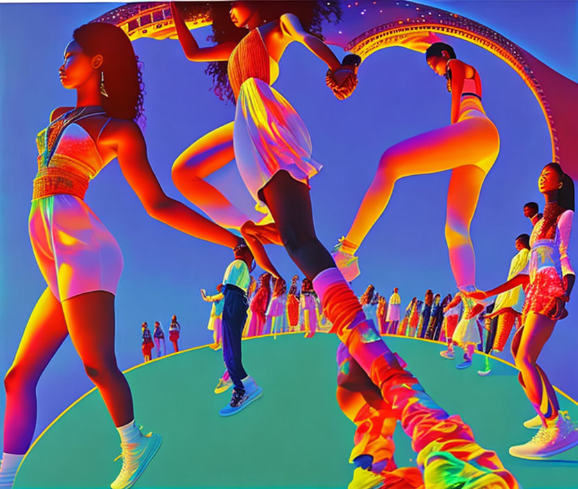 Colorful surrealistic artwork: people walking and dancing on twisting path against blue sky