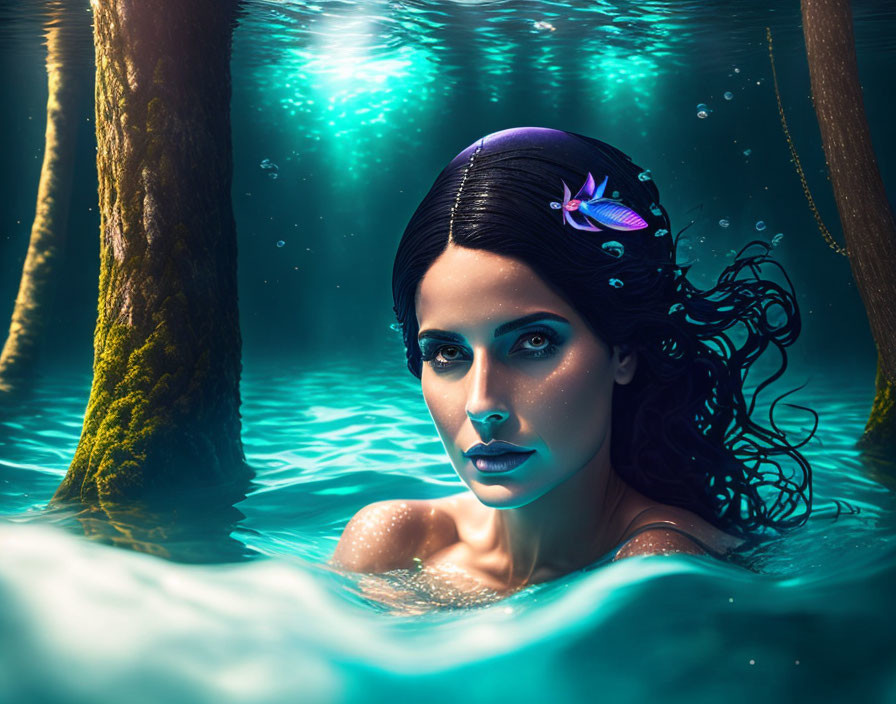 Woman with dark hair and blue makeup swimming in forest-lit pool with butterfly and tree reflections