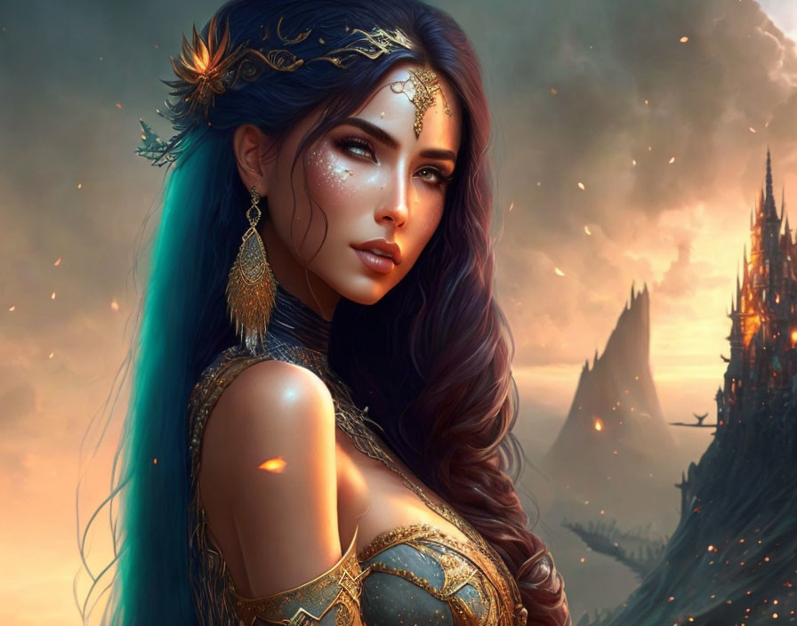 Fantasy portrait: Woman with blue ombre hair, gold jewelry, armor, fiery castle.