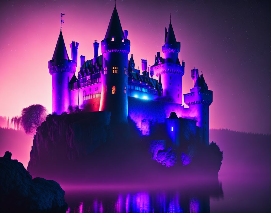 Castle on Cliff: Vibrant Night Sky & Misty Foreground