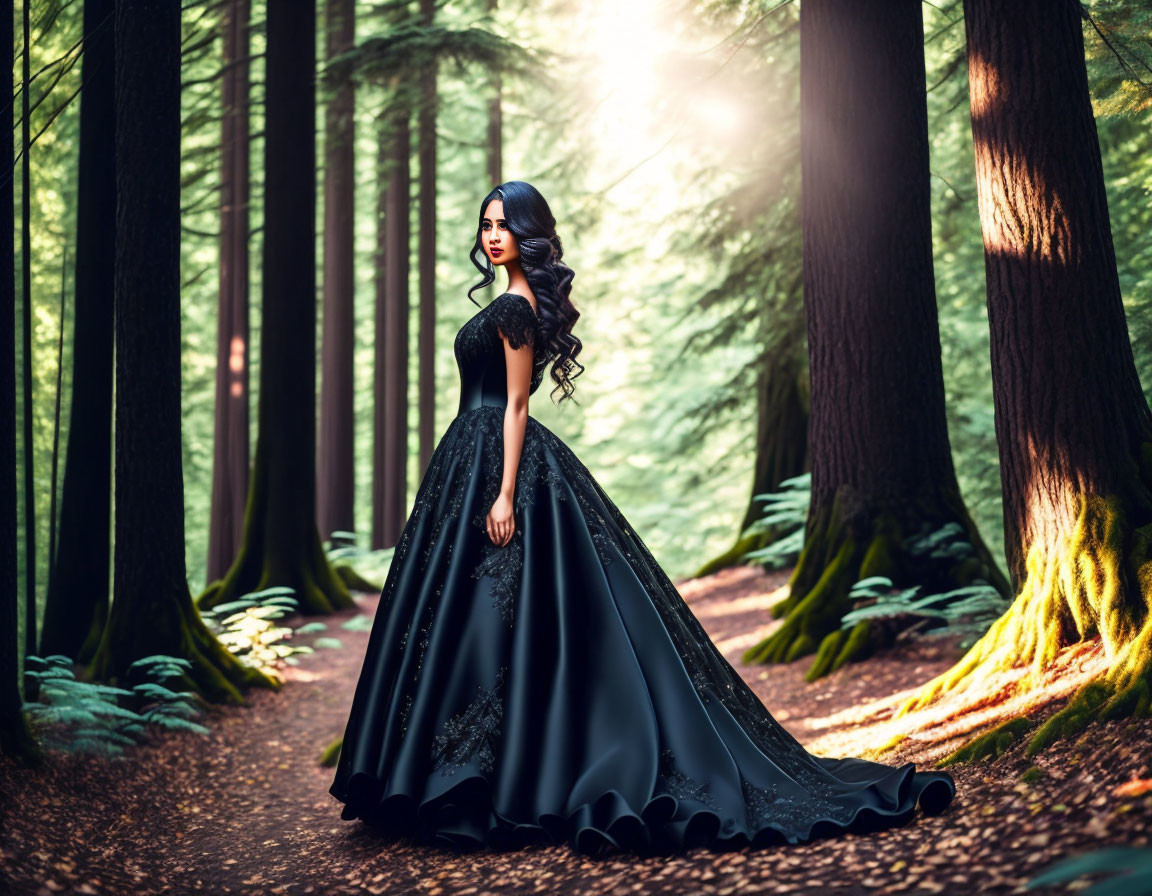 Woman in black gown standing in sunlit forest among tall trees