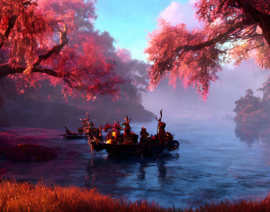 Fantasy river scene with boats and characters under pink glowing trees