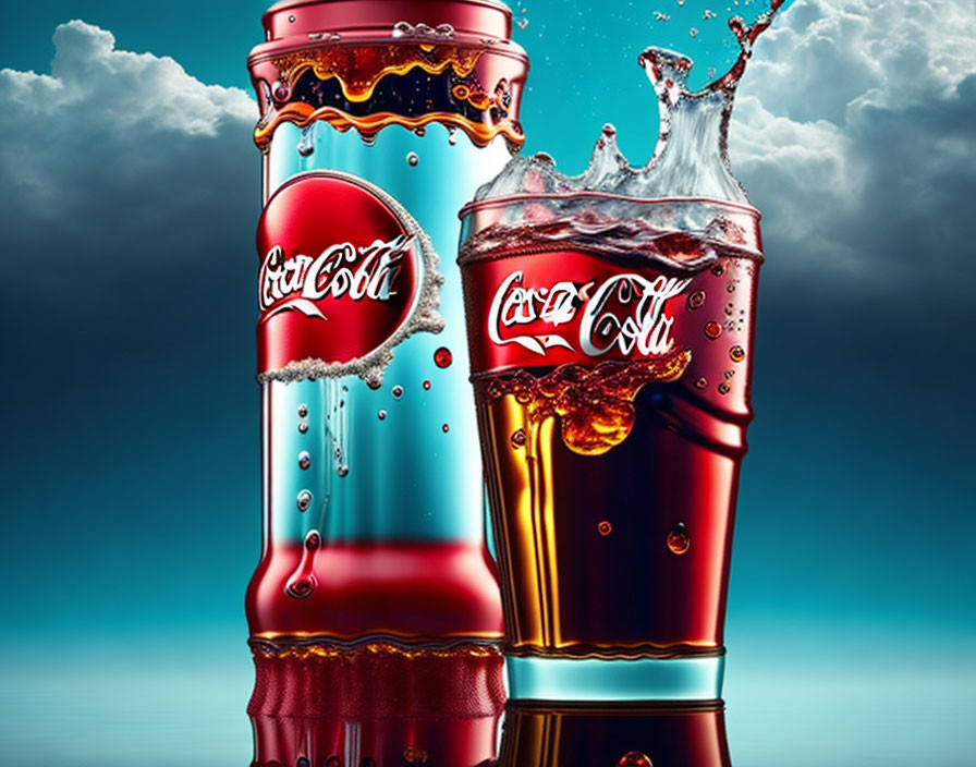 Stacked Coca-Cola cans with splashing liquid on blue background