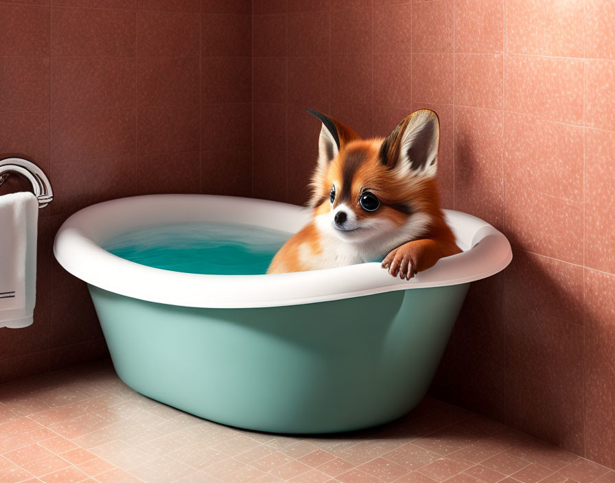 Adorable Corgi Dog in Pink-Tiled Bathroom Bathtub