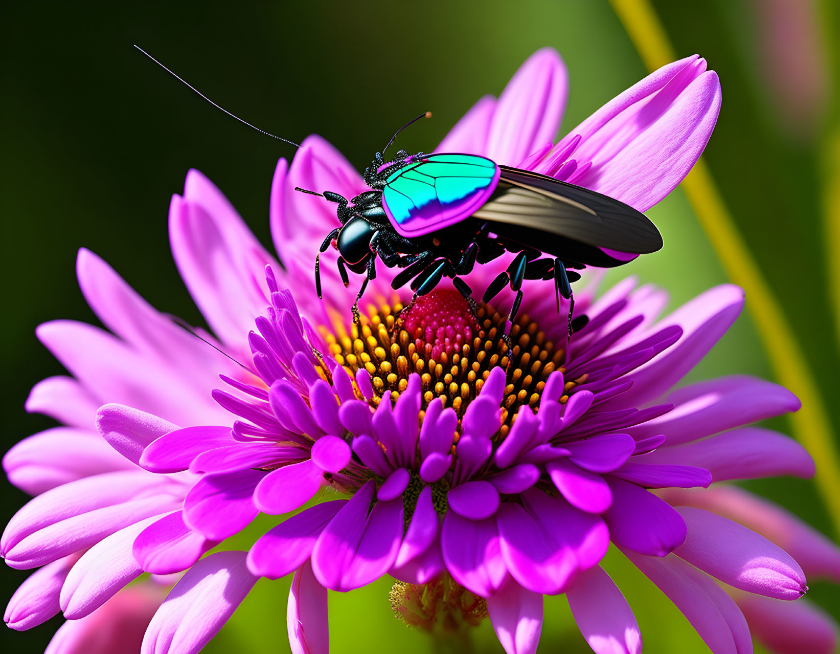 Iridescent beetle on pink daisy petals in lush greenery