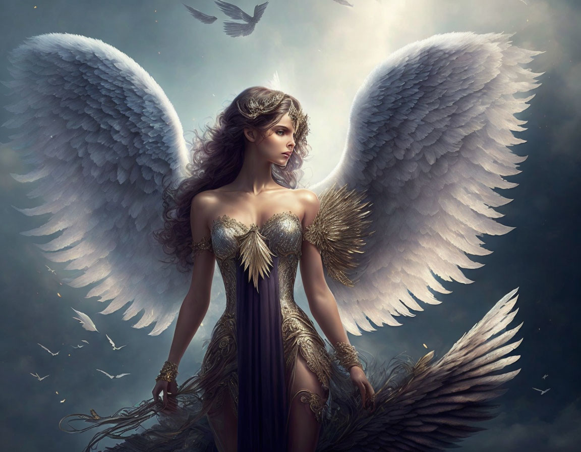 Ethereal figure with white wings in feather-adorned gown under dramatic sky