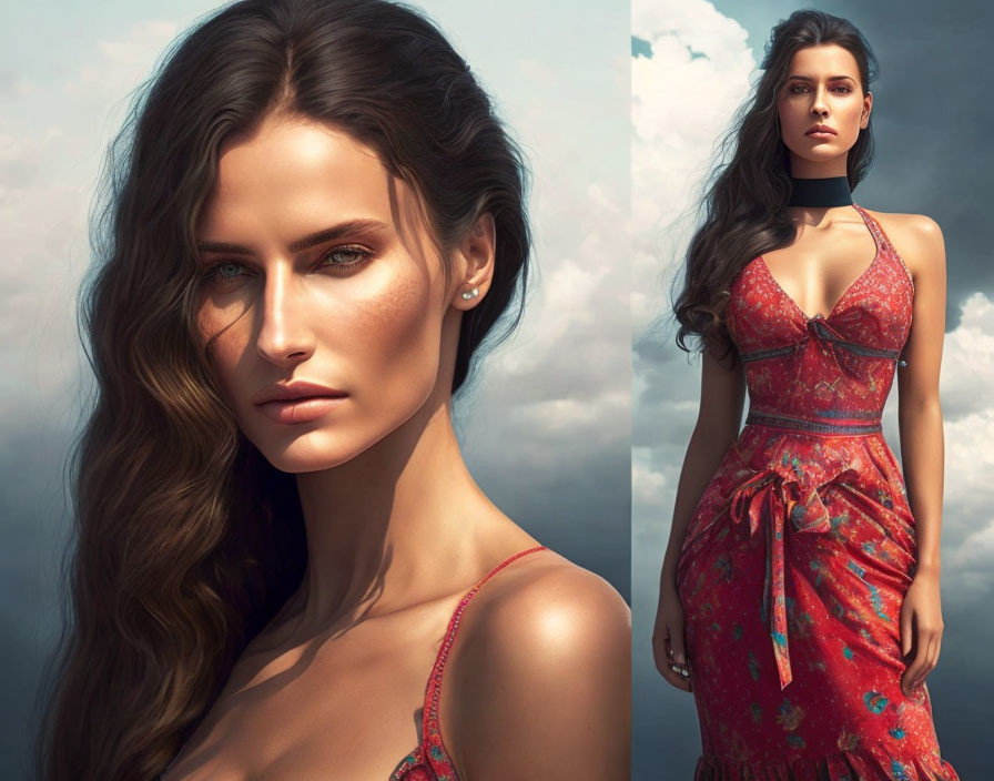 Woman with long wavy hair in red halter dress under cloudy sky