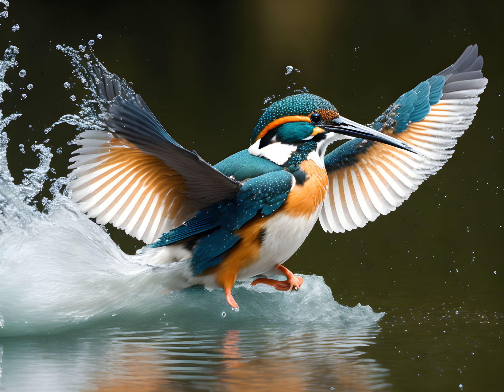 Colorful Kingfisher Bird Taking Off from Water with Splashes