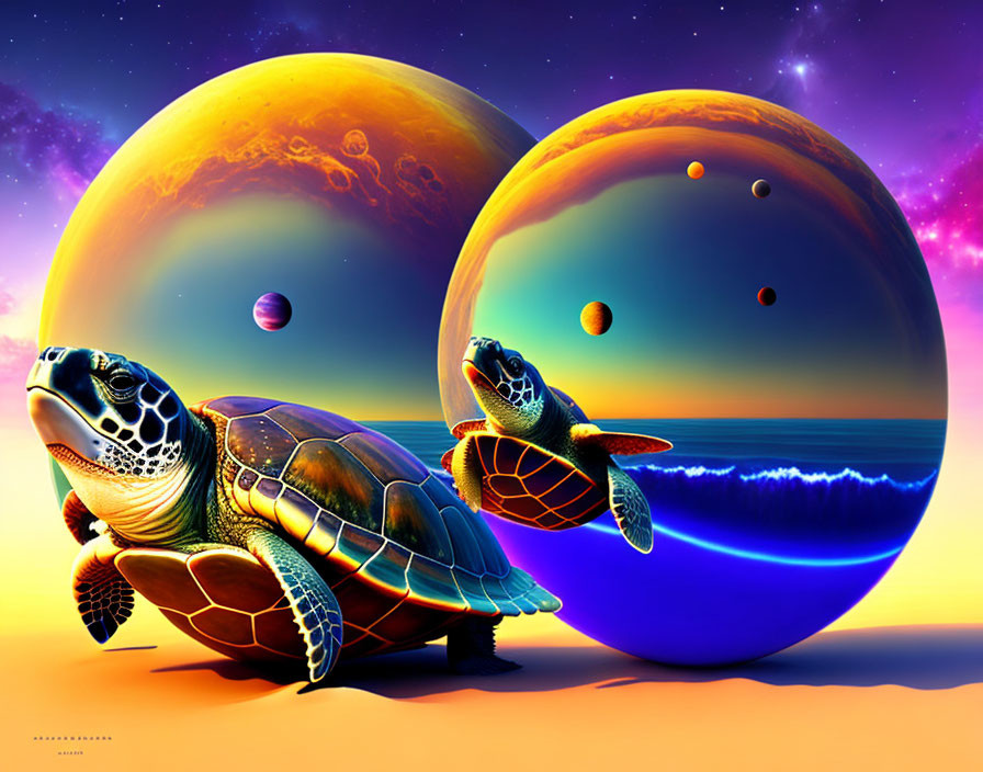 Two turtles on a beach under colorful planets in a starry sky