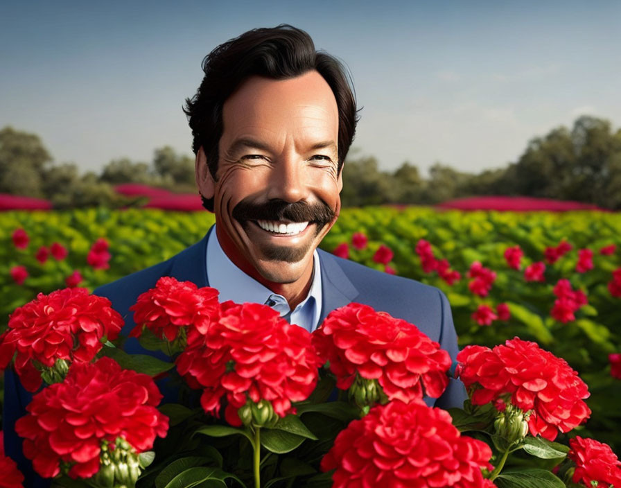 Animated man with mustache in suit among red flowers and blue sky