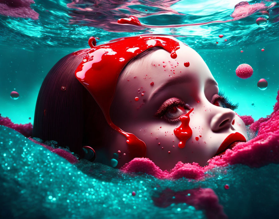 Surreal female figure submerged in water with red liquid and pink bubbles.