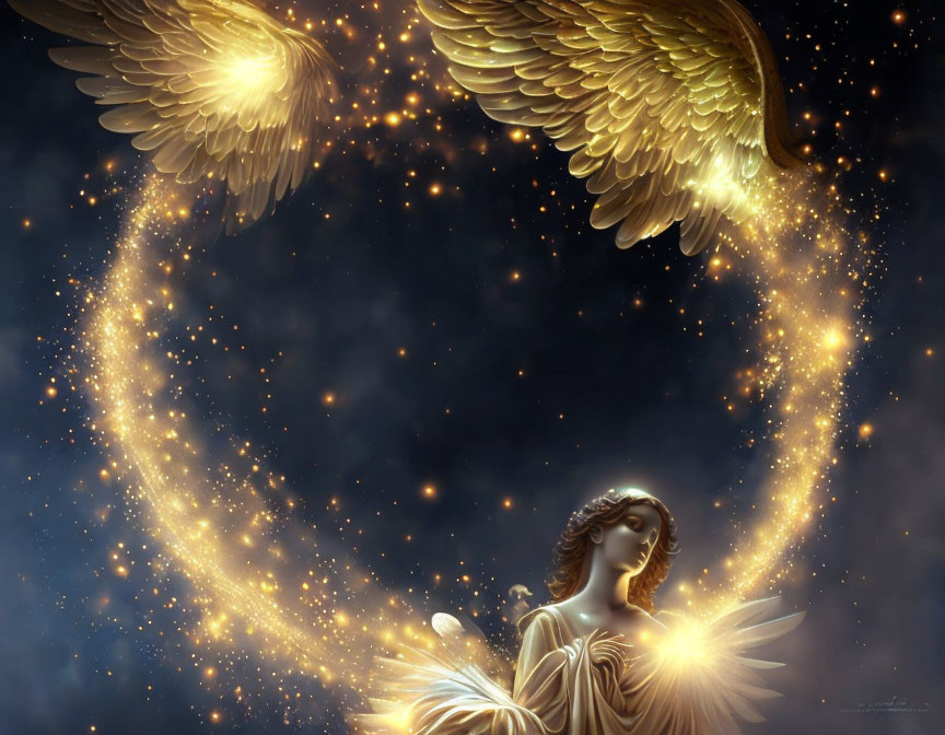 Radiant angel with wings in luminous galaxy against dark background