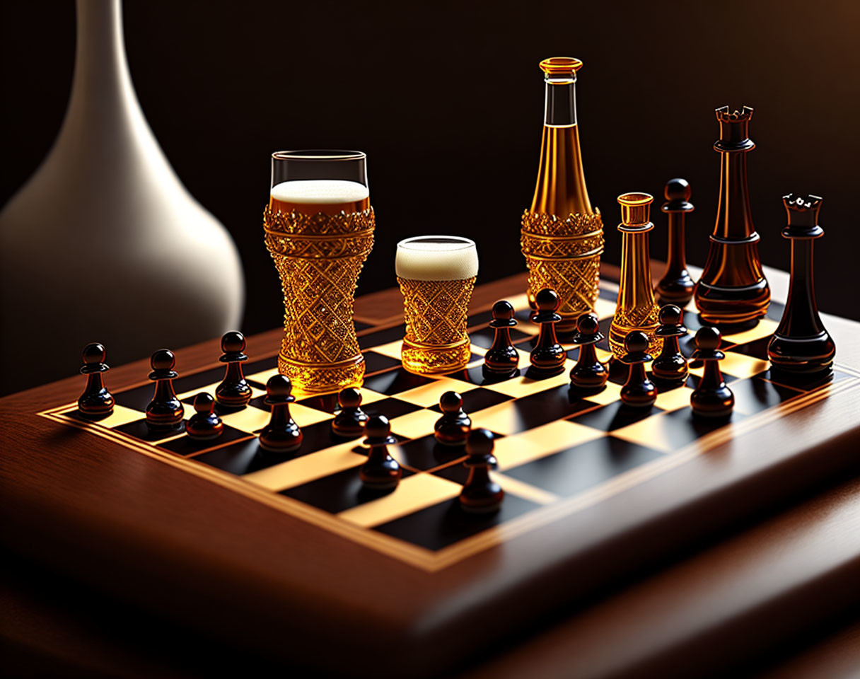 Decorative chess set with glass beer bottles on polished wooden table