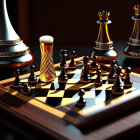 Decorative chess set with glass beer bottles on polished wooden table