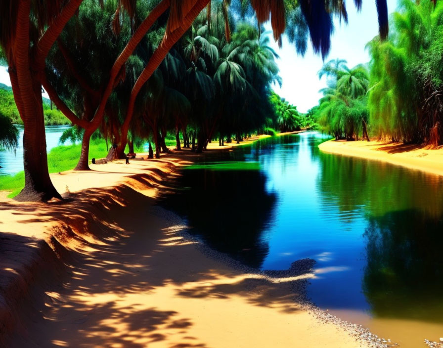 Tranquil riverside scene with lush green trees and blue waters