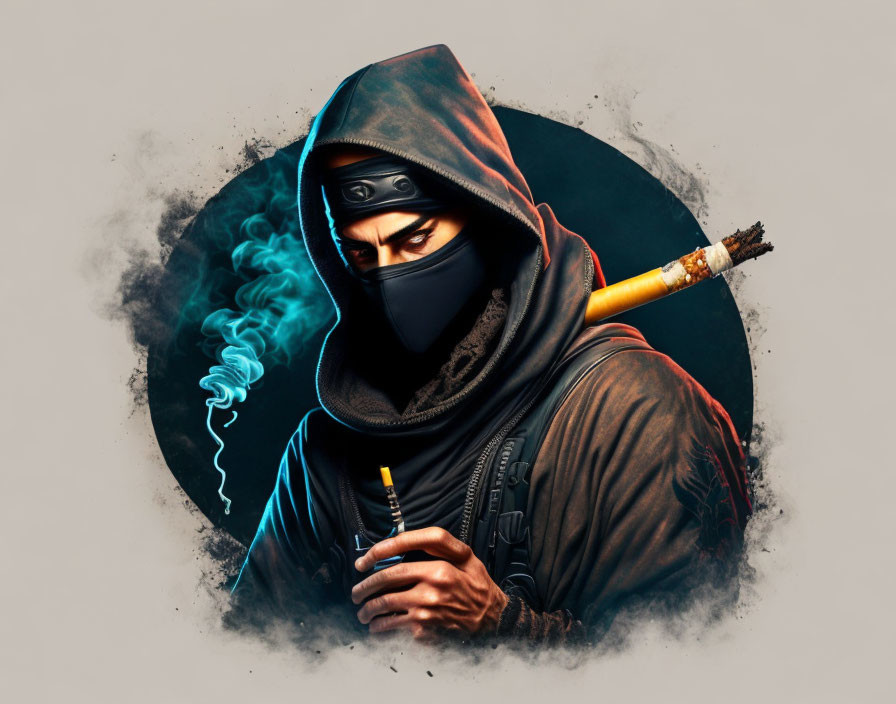 Stylized ninja character with smoking object on grey circle.