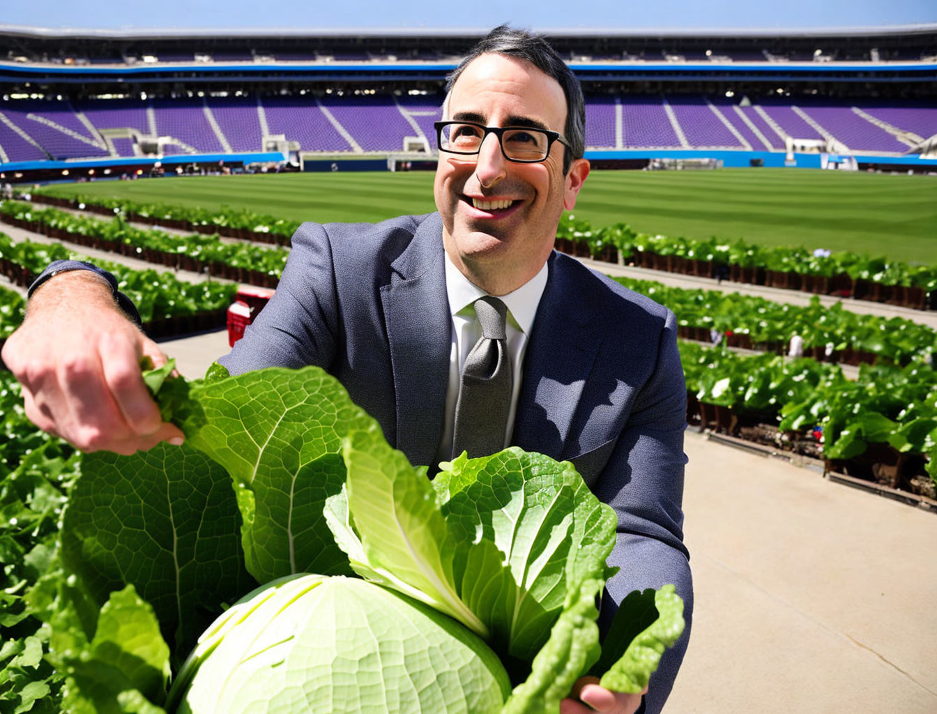 Man in suit holding large cabbage at stadium with purple seats