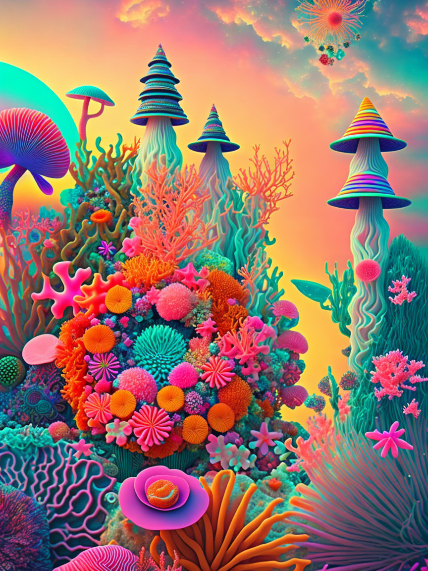 Colorful psychedelic coral reef illustration with neon mushrooms, coral, and jellyfish.