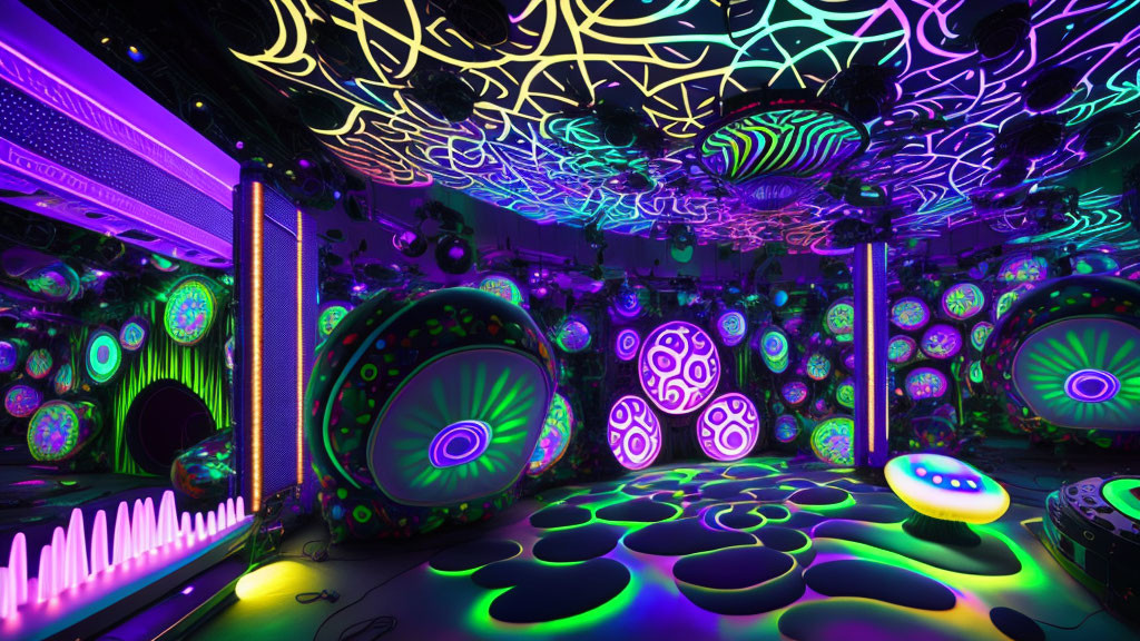 Colorful Psychedelic Room with Neon Glowing Patterns