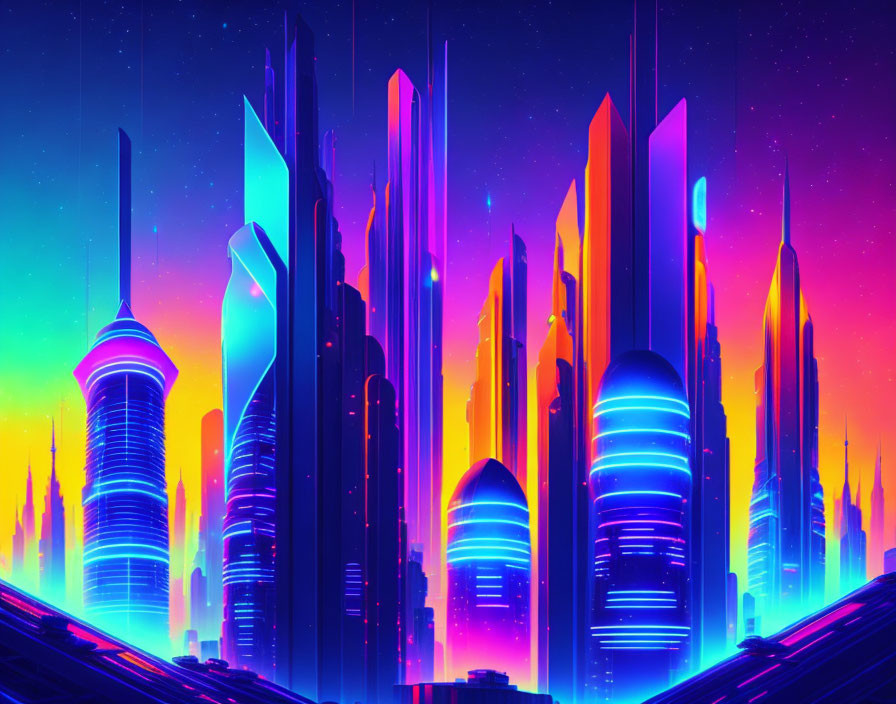 Futuristic cityscape with neon-lit skyscrapers at night