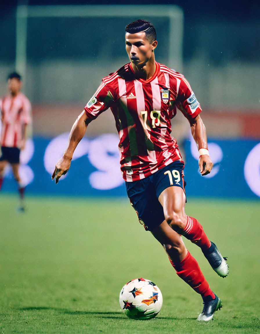 Soccer player in red and black jersey dribbling ball at night