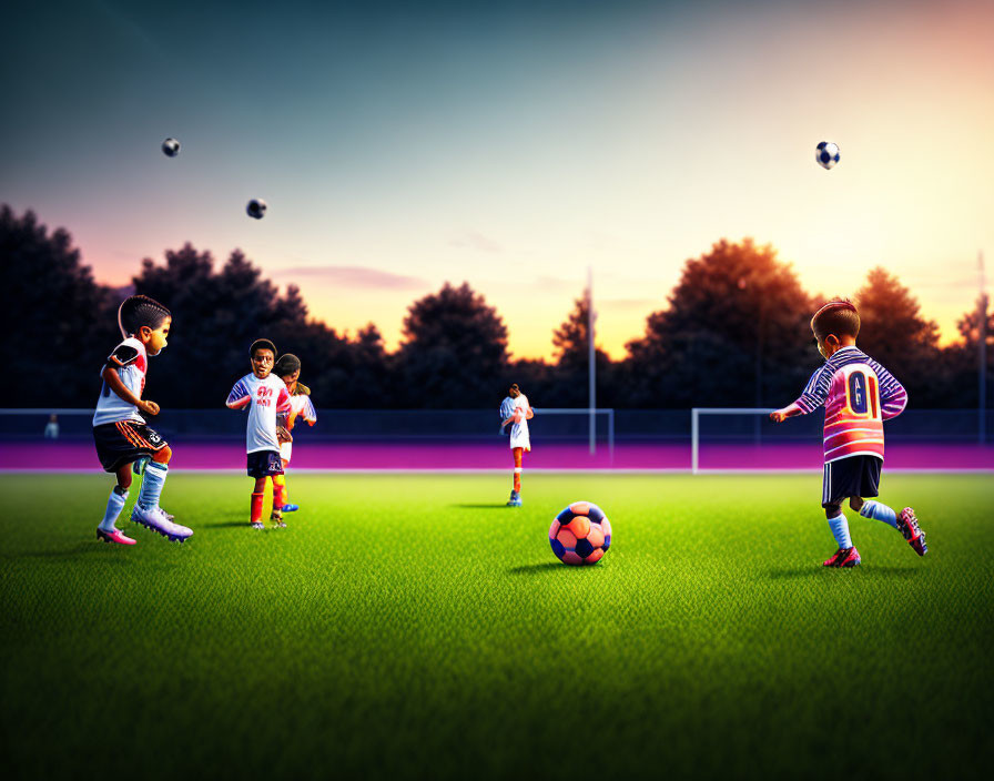 Kids in soccer uniforms playing football on green pitch at dusk, multiple balls in air, colorful sky.