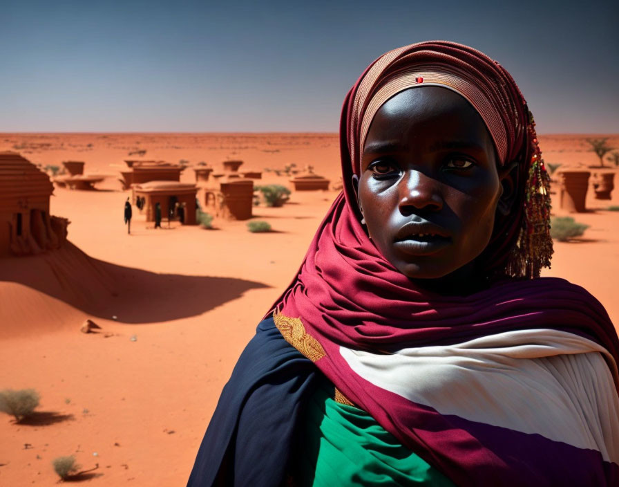 Person in colorful headscarf in desert with sand dunes and traditional structures