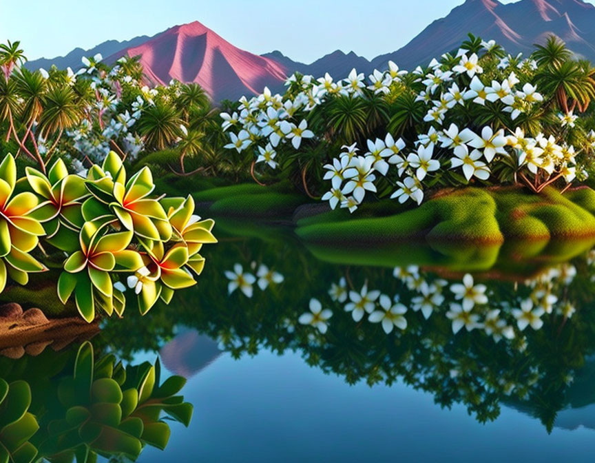 Tranquil landscape with plumeria flowers, palm trees, hills, and mountains