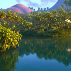 Tranquil landscape with plumeria flowers, palm trees, hills, and mountains