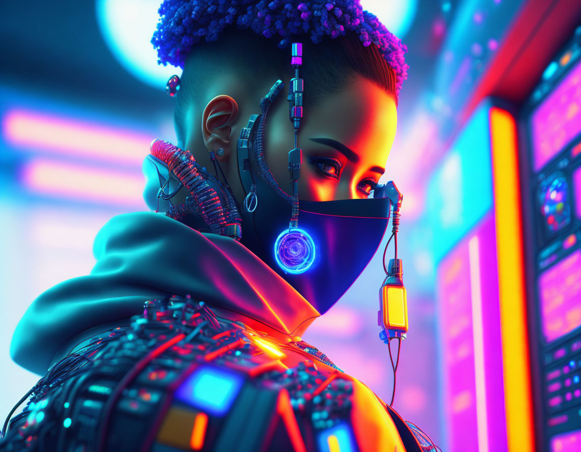 Futuristic cybernetic person with neon lighting and advanced technology