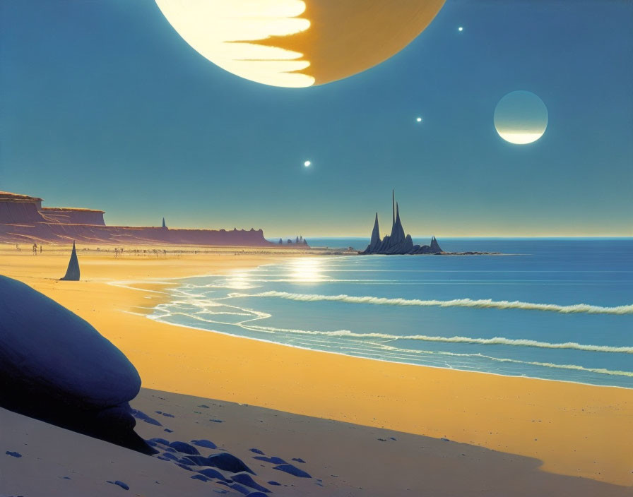 Celestial bodies over serene beach landscape