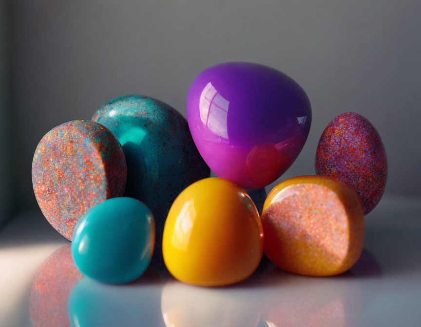 Assorted colorful speckled eggs on surface