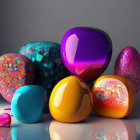 Assorted colorful speckled eggs on surface